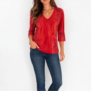 Sivan LA V Neck Tunic Top M Red Tie Dye Womens Cotton Boho Festival USA